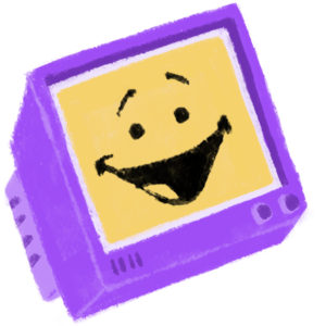 A purple CRT television monitor with a smiling, emoji-like face.